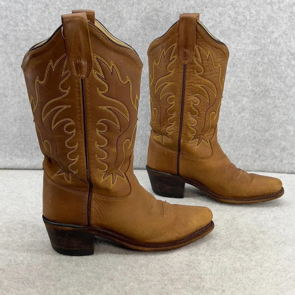 Old West Brown Leather Kids Cowboy Boots